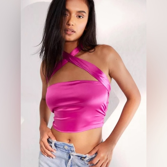 Free People Hot Takes Convertible HALTER TUBE Satin Brami Top Fuchsia Pink L - Picture 1 of 10